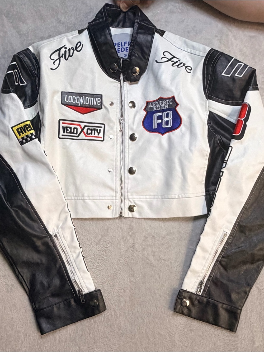Aelfric Eden White & Black Cropped Moto Jacket with Patch Details